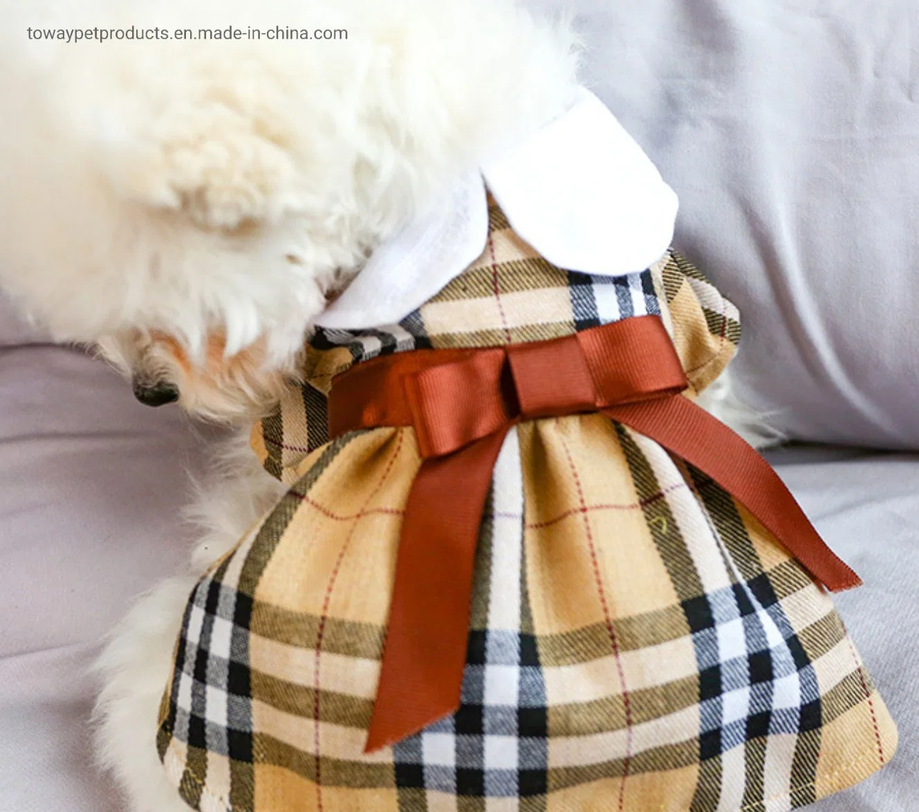 Bowknot clásico perro de cuadrícula Ss ropa nueva mascota de la falda de vestir