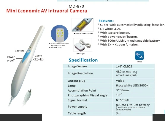 Rechargeable Lithium Battery Video Mini Intra-Oral Camera (MD870) AV Dental Camera