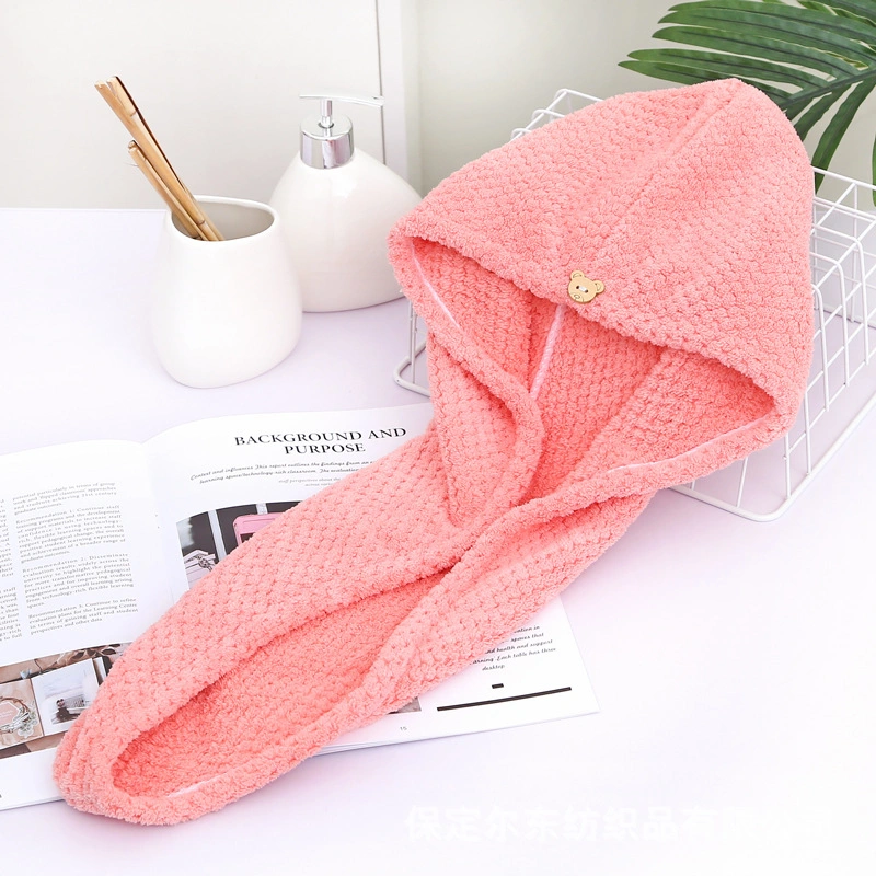 Super Absorption Pineapple Grid Thick Coral Velvet Shower Cap with Cartoon Button Dry Hair Cap