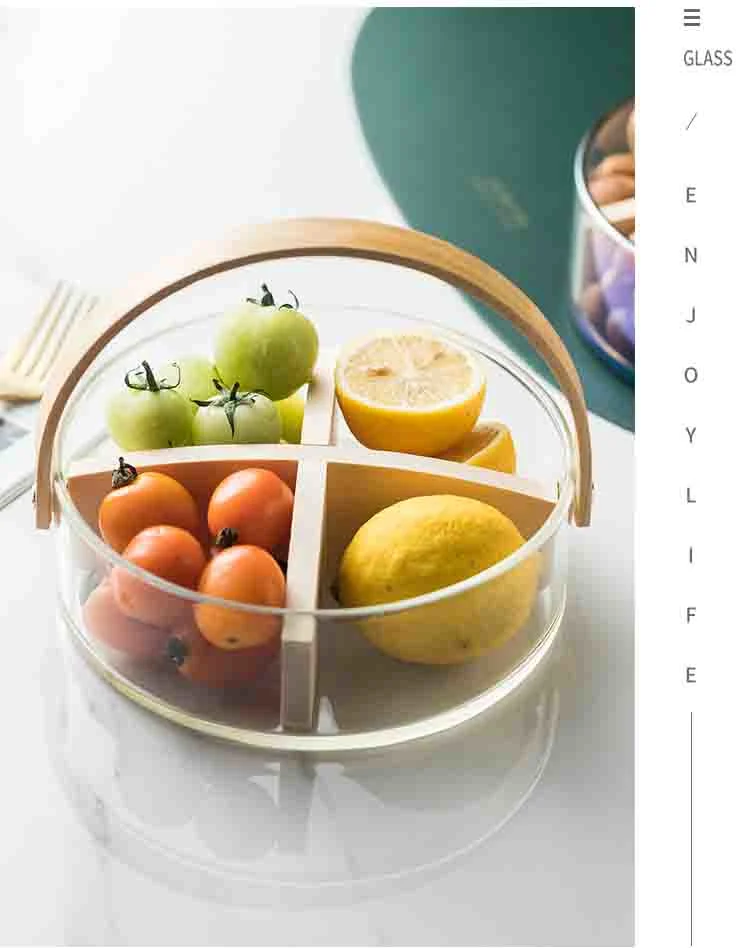 Vidrio de borosilicato portátil Fruta chapado transparente o cubo de hielo Ensaladera bocadillos de almacenamiento de frutas canasta con mango de madera