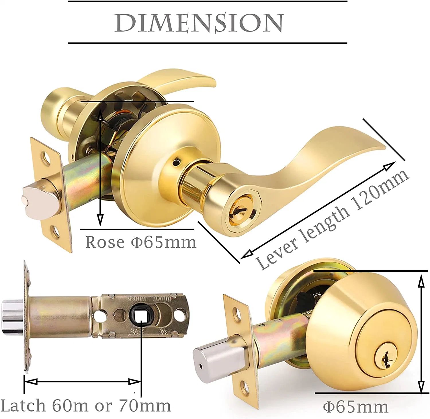 Polished Gloden Door Lever Lockset with Deadbolt Door Lock