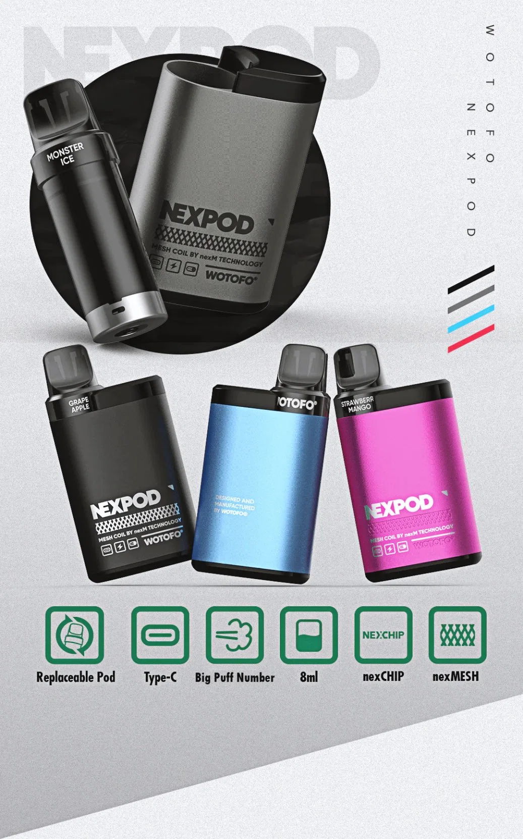 Original Wotofo Nexpod 3500 Puffs Pod Einweg E Cig ODM Vape Atomizer Typ-C wiederaufladbarer Vape