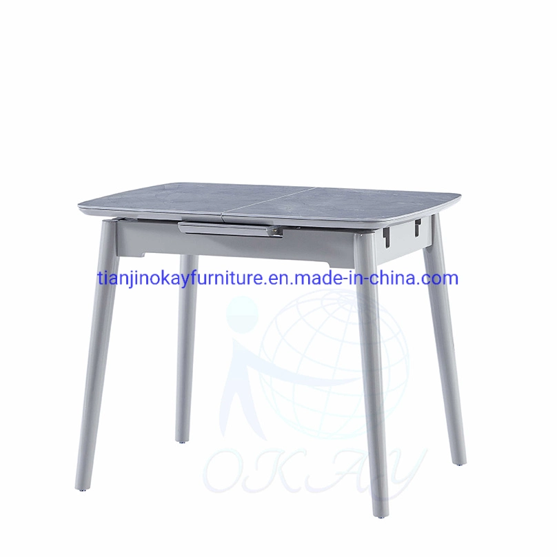 Table de salle à manger moderne minimaliste rectangulaire extensible en pierre frittée Avec dossier de table en marbre gris clair cadre en bois de frêne massif