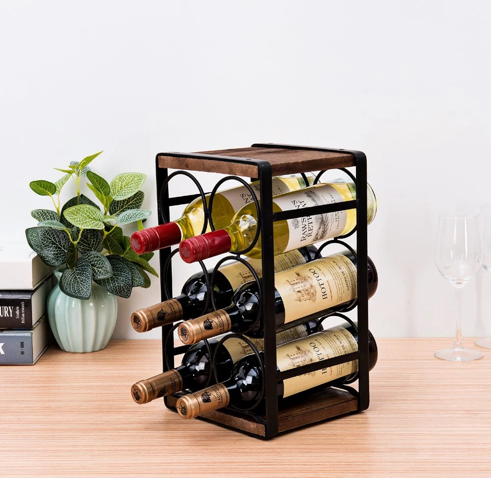 Rustic Wood Countertop Organizer 6 Bottles Display No Need Assembly Wine Rack