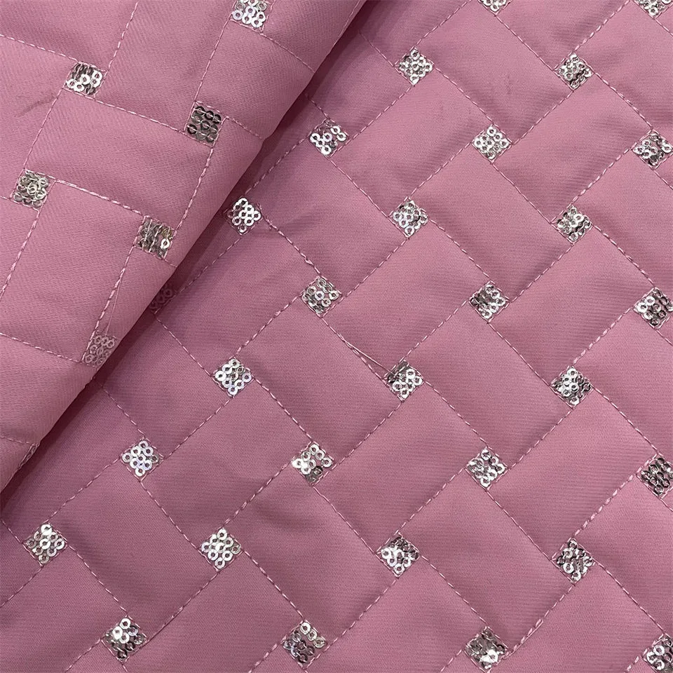 Polyester Padded Quilted Sequin Fabric Embroidery Checkered Rhombic Lattice Fabric for Bag, Bedding, Curtain, Dress, Garment, Home Textile (100%polyester)