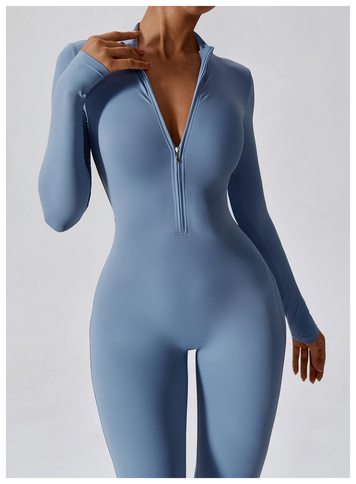 Factory Wholesale/Supplier Long Sleeve Zip up Full Length Romper Playsuit Bodycon Unitard One Piece Yoga Workout Fitness Jumpsuit