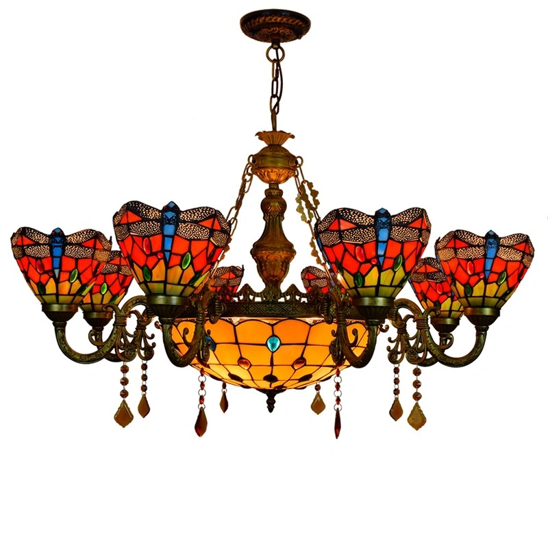 Tiffany Ceiling Dragonfly Parrot Lamp Chandelier with Stained Glass Lamp
