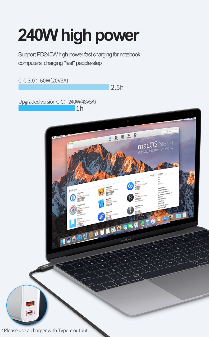 Leistungsstarkes 48V 5A Schnellladekabel USB C Kabel Pd 240W USB 2,0 Typ C auf Typ C Kabel für MacBook-Telefon wird aufgeladen