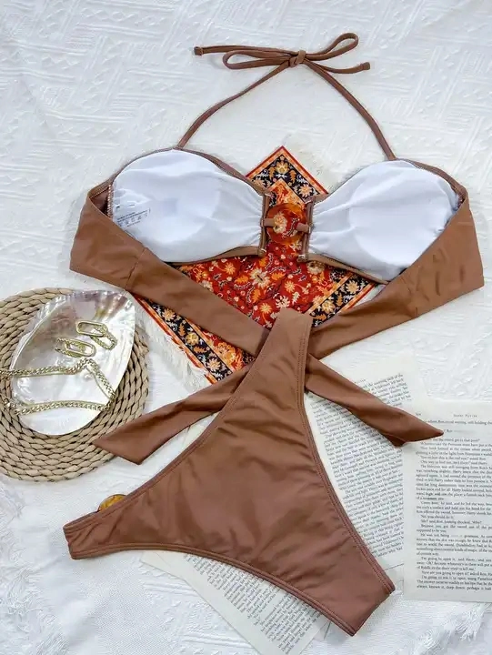 As mulheres de venda quente Anel Sexy Empurre para cima Patchwork Corte Alto Bikini Definir Swimsuit Backless Verão roupa de banho Brown Halter calções de banho