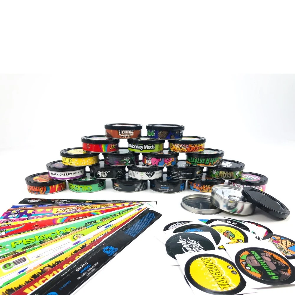 3.5g Pressitin Tuna Cans Strain Stickers Dry Herb Flower Tobacco Round Storage Box Black Lid Customize