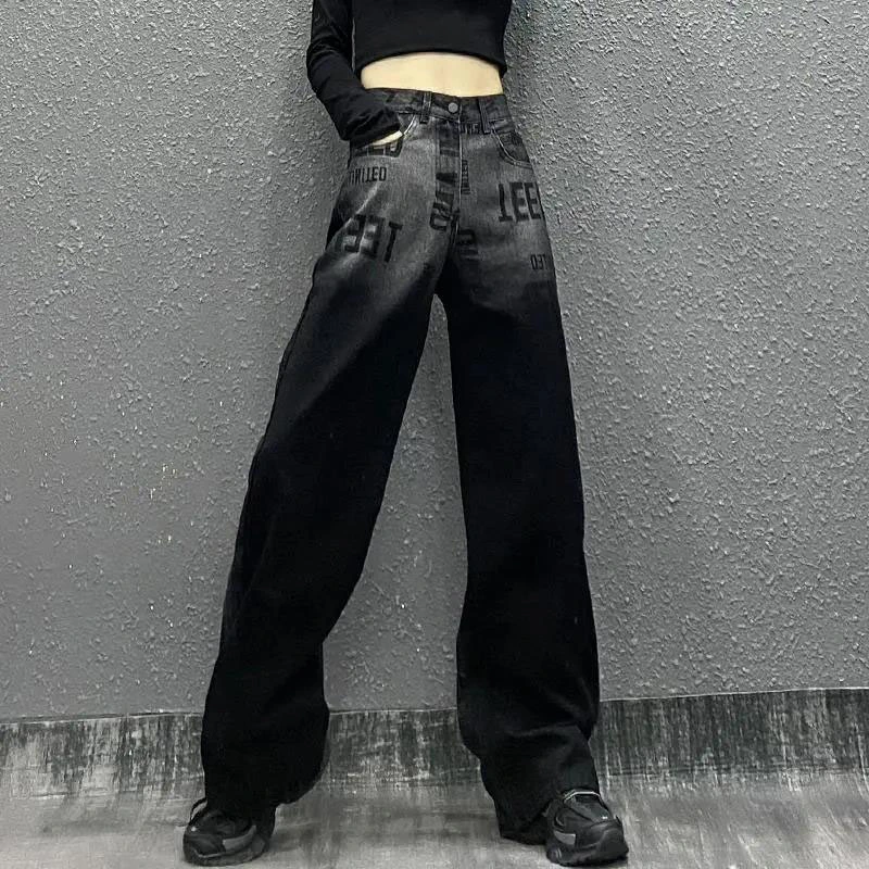 Осенью новой торговой марки прилива личности письма печатаются женщин джинсы Высокая поясная ослабление показать тонкие прямые ноги все наклон сс брюки (CFJPFM-021)