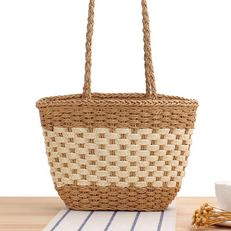 Pure Color Simple Straw Woven Bag European and American Style Retro Woven Shoulder Bag Fashion Silk Scarf Paper Rope Casual Bag