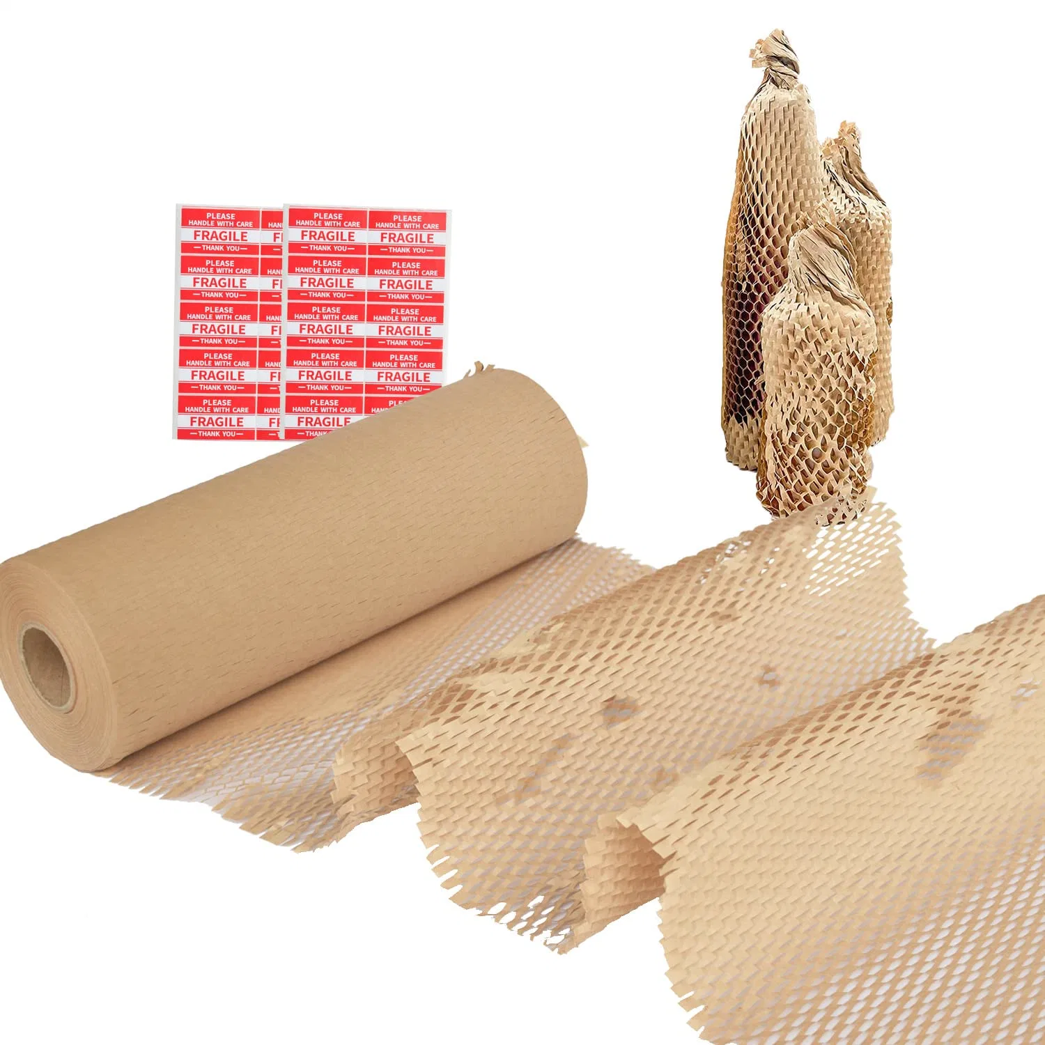 Papel de Embalagem em Forma de Colmeia, Rolo de Papel de Enchimento de 12" X 328 FT, Papel Kraft para Envio, com 20 Etiquetas de Fragilidade.