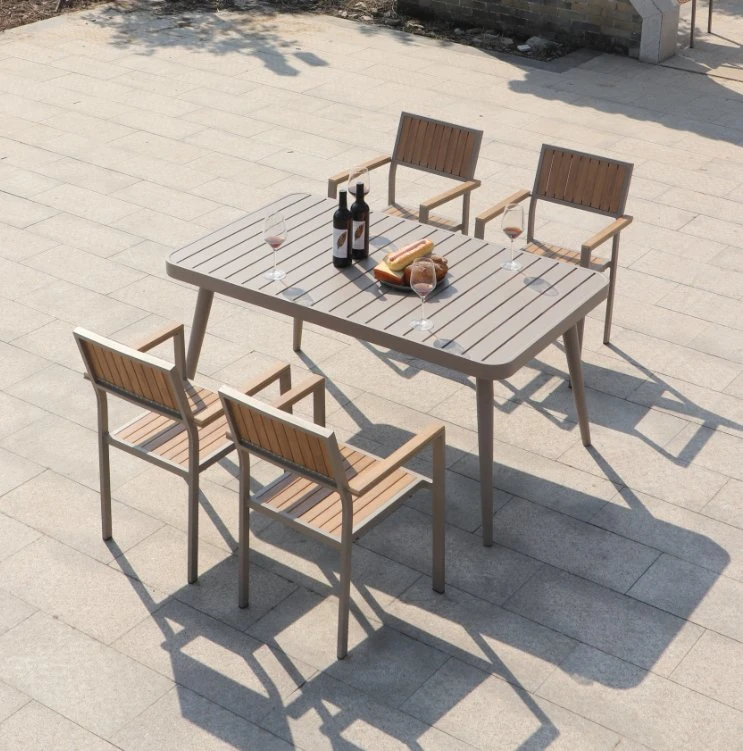 Freizeit Outdoor Kunststoff Holz Aluminium Stühle und Tische Composite wasserdicht Sonnencreme-Outdoor Courtyard Garden Hotel Milk Tea Shop