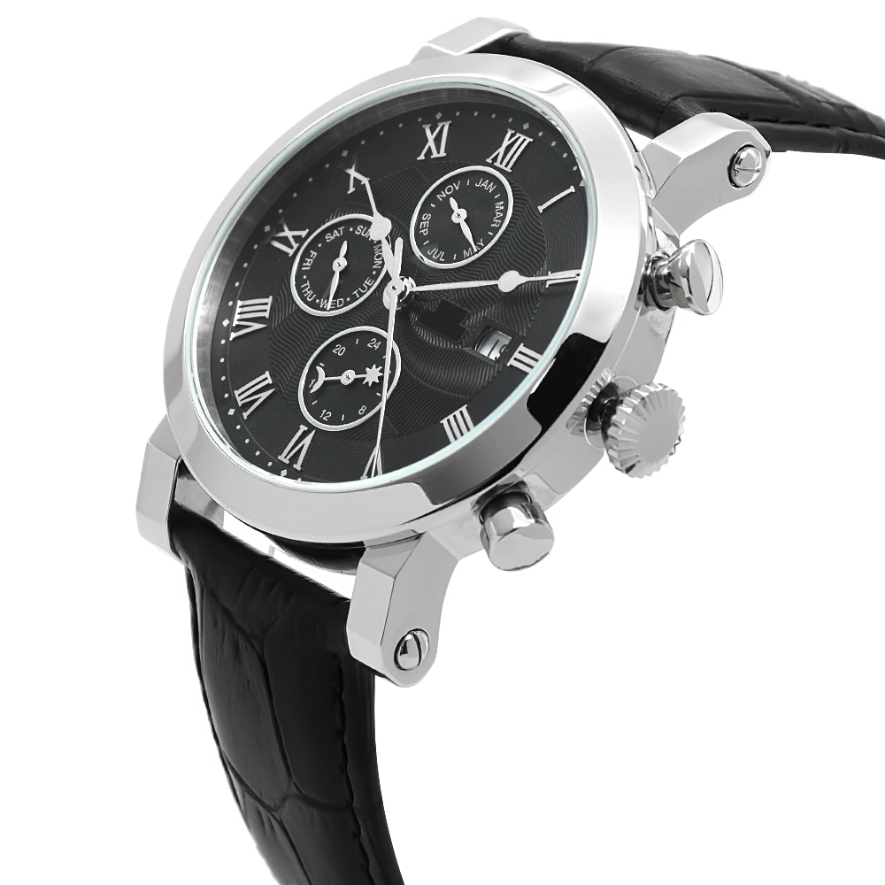 Stainless Steel Case Multi Functional Quartz Watches with Genuine Leather Strap Men Watches