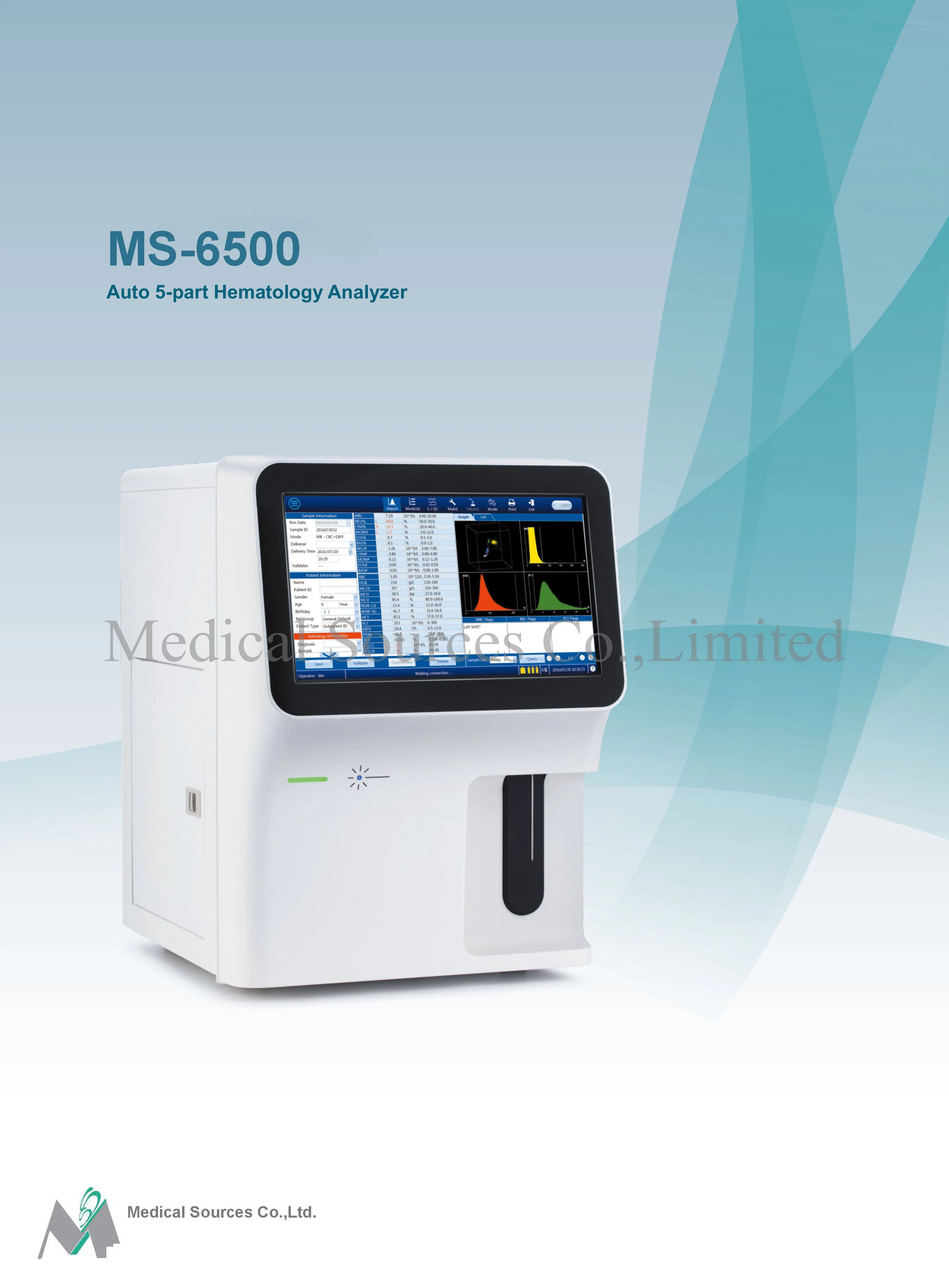 Hospital Diagnosis Five Part 5 Diff Fully Automatic Hematology Analyzer Ms-6500