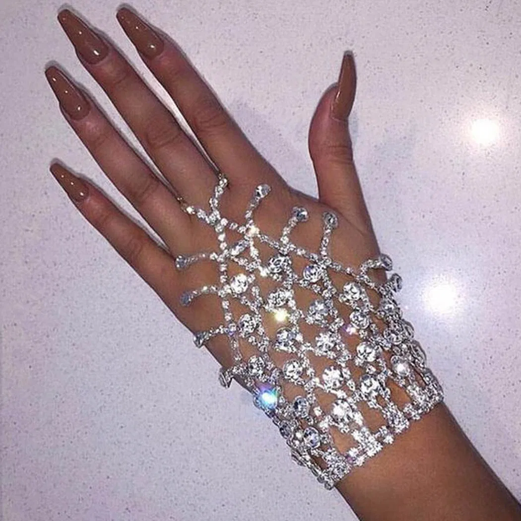 Rhinestone Bracelet Ring Silver Hand Chain Crystal Bangle Finger Ring Bracelets Wedding Hand Harness Hand Accessories for Women and Girls