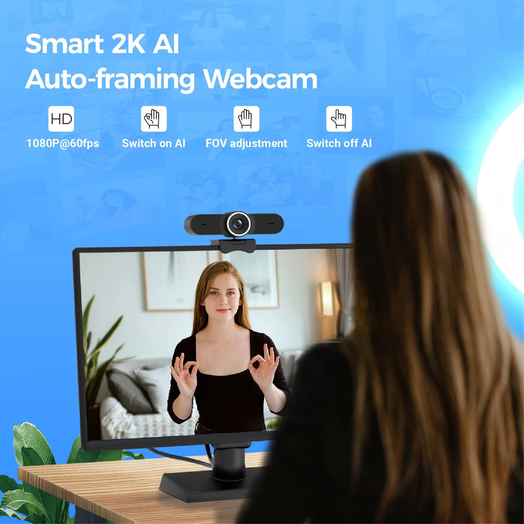 1080P 60fps Auto-Framing Ai-Powered USB Camera with Hand Gesture Control