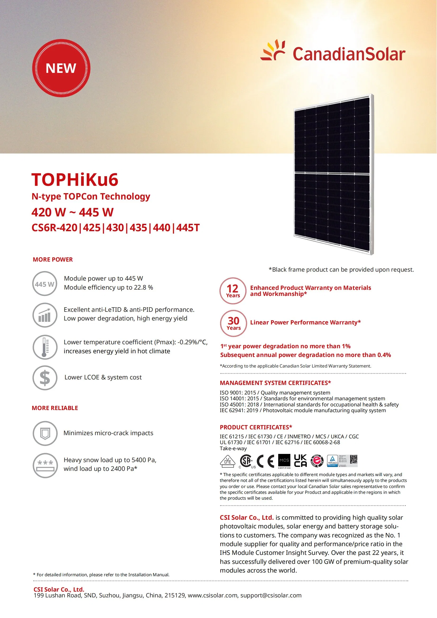 Canadian Hottest Selling Solar Panel N -Topcon Front Cover Monocrystalline Silicon 445W