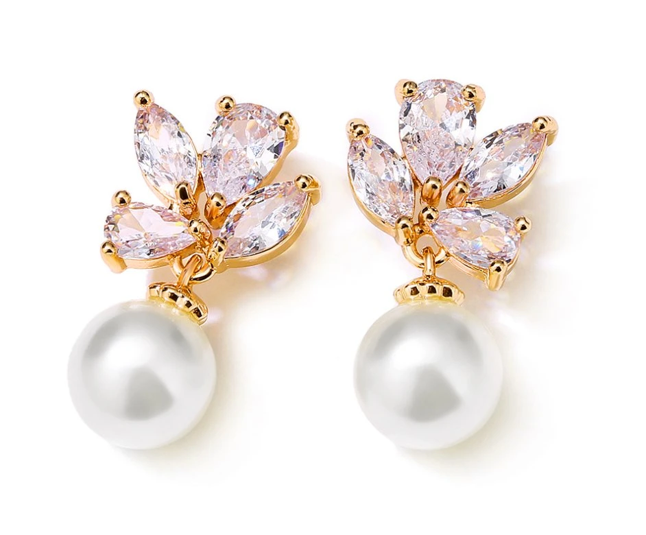 Rose Gold CZ Pearl Stud Earring for Brides, Bridal Wedding Earring, Fashion Earring for Women