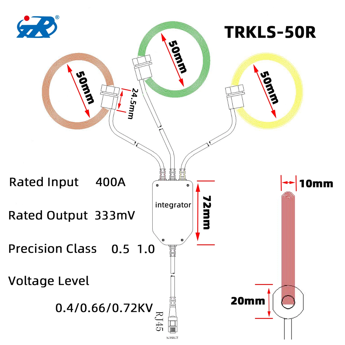 Trkls-50R Open Close bobina Roche flexible trifásica 400A 333mv 0,4/0,66/0,72kv Transformador de corriente