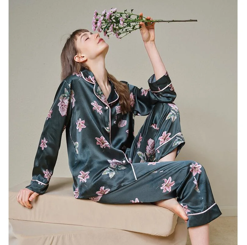 Custom Digital Print Satin Sleep Wear 100% Pure Silk Women Silk Pajamas