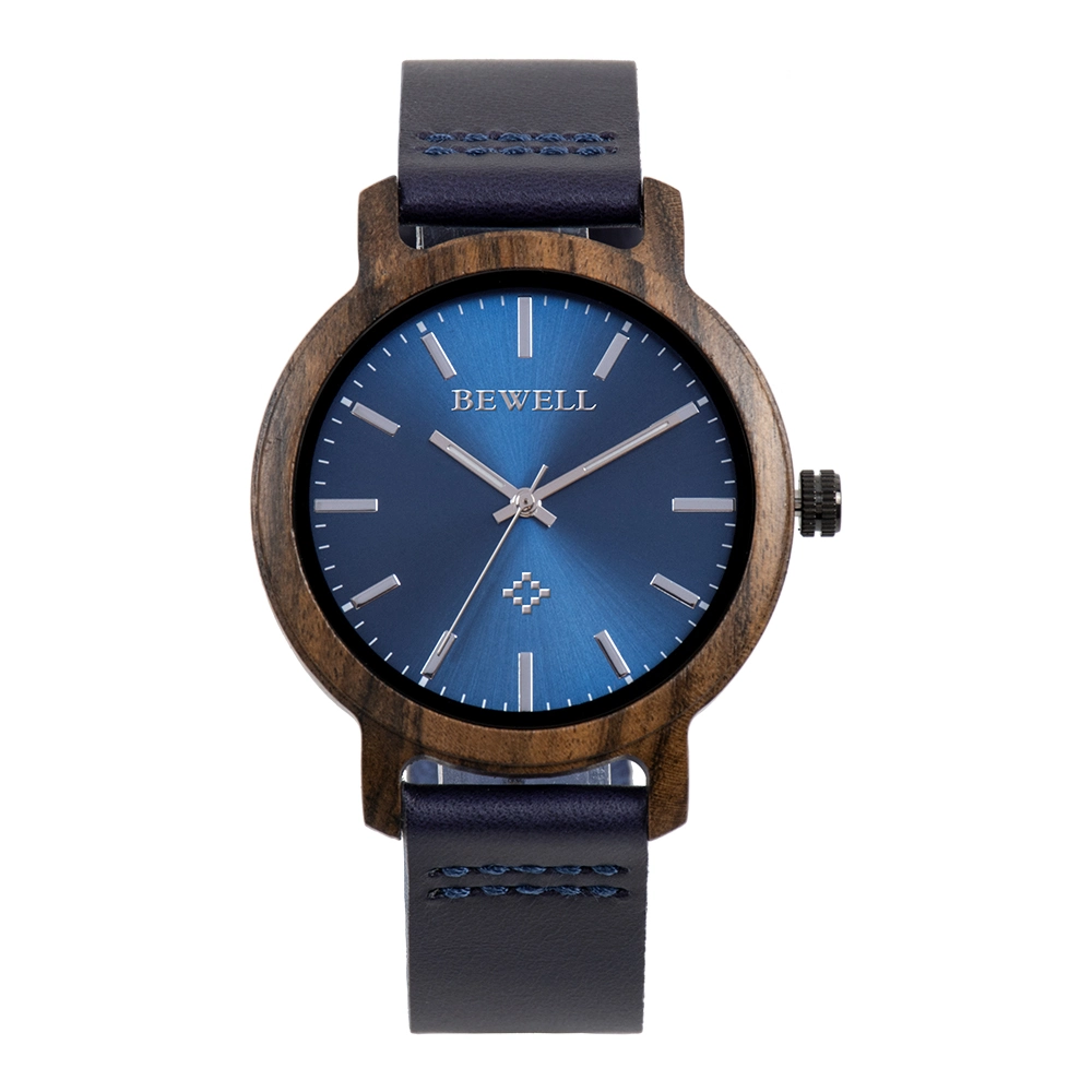 Bewell New Unisex Wristband Natural Wood Case and Single Layer Genuine Leather Strap Men and Woman Wood Watch
