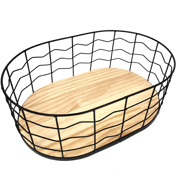 Oval Snack Food Wire Organizer Bamboo Base Kitchen Fruit Storage Metal Basket