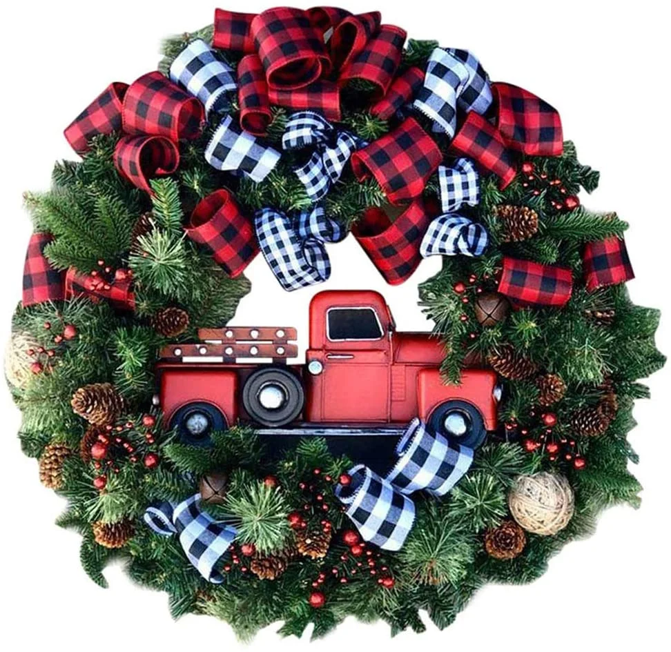 Navidad Wreath decoración de la puerta delantera Wreath Red Truck Berry Invierno Guirnalda de Navidad artificial para la fiesta de boda al aire libre Decoración interior