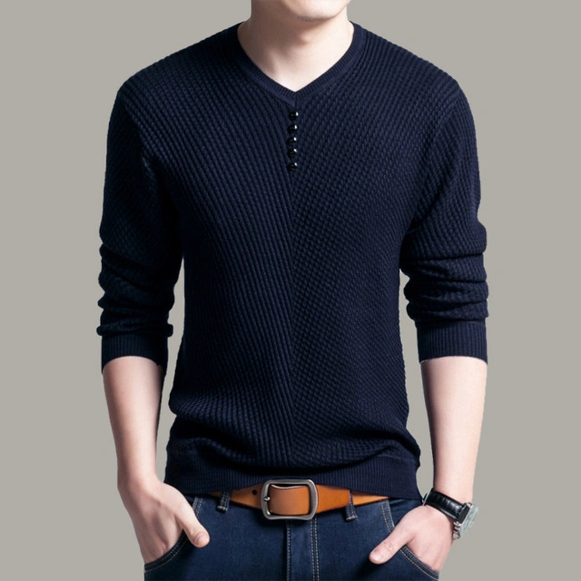 Custom Design Pure Jacquard Autumn Men Long Sleeve Knit Thick V-Neck Plain Color Men Pullover Sweater