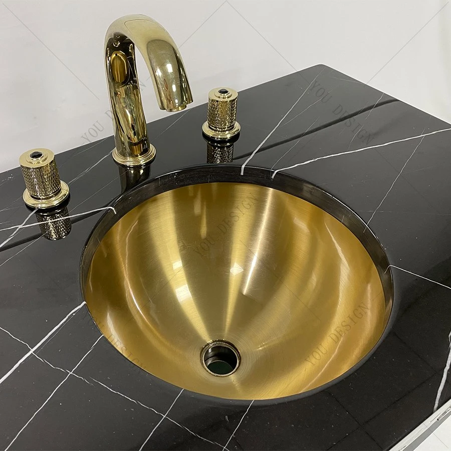 Luxury Brushed Stainless Steel Washstand Marble Rectangular Shape Round Gold Basin and Sink with Mirror