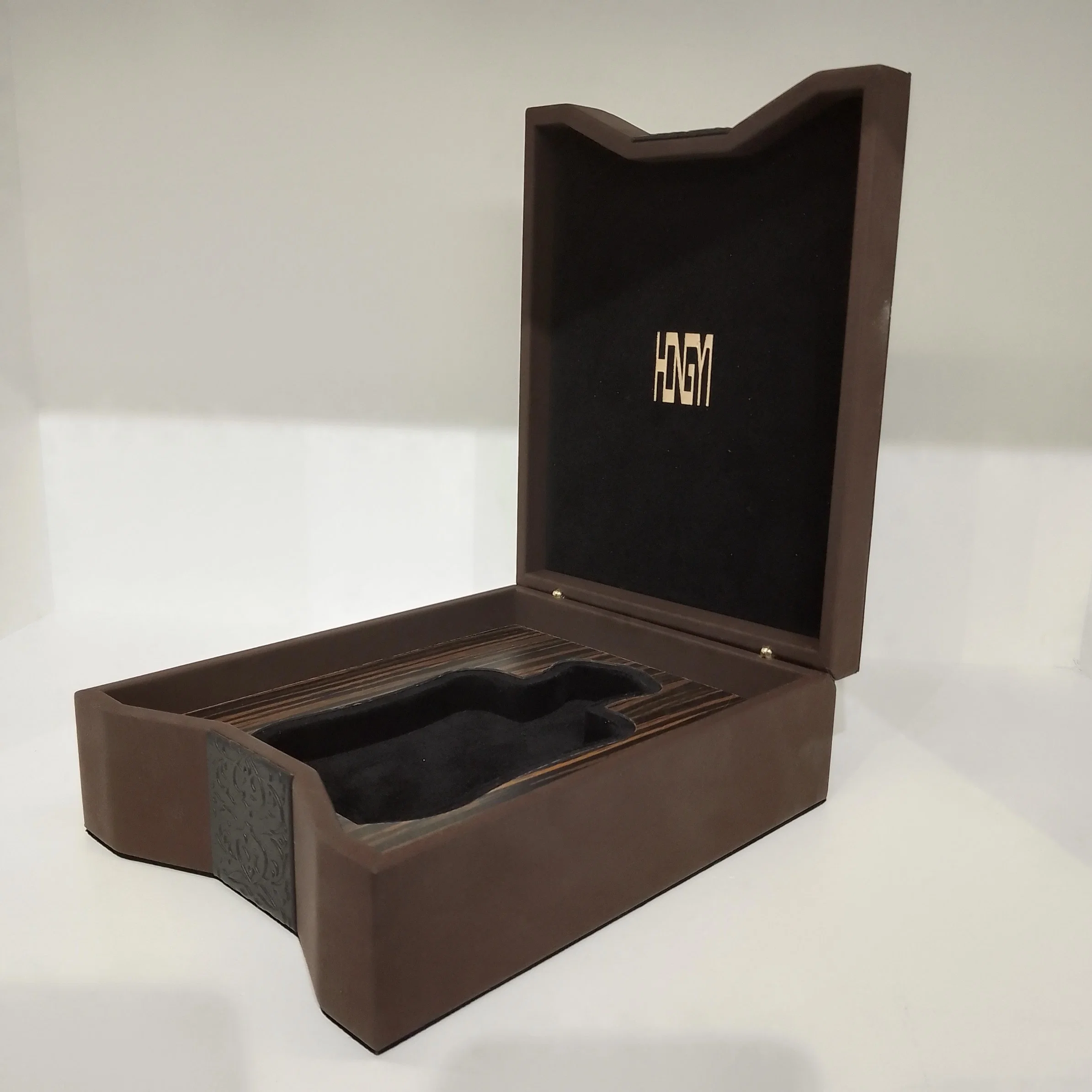 Brown PU Leather Embossing Irregular Shape Gift Box with Velvet and Wooden