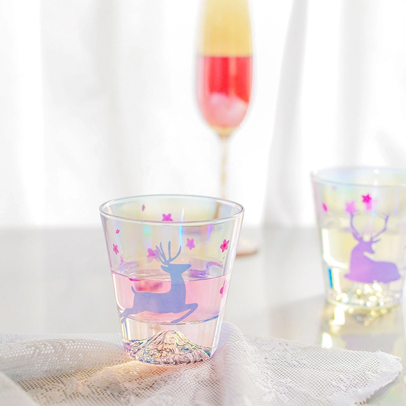 Hot Sale Aesthetic Colorful Cherry FUJI Mountain Bottom Wine Glass Cup Gift Box Set Woman Whiskey Tumbler Crystal Iridescent Coffee Cup Mug