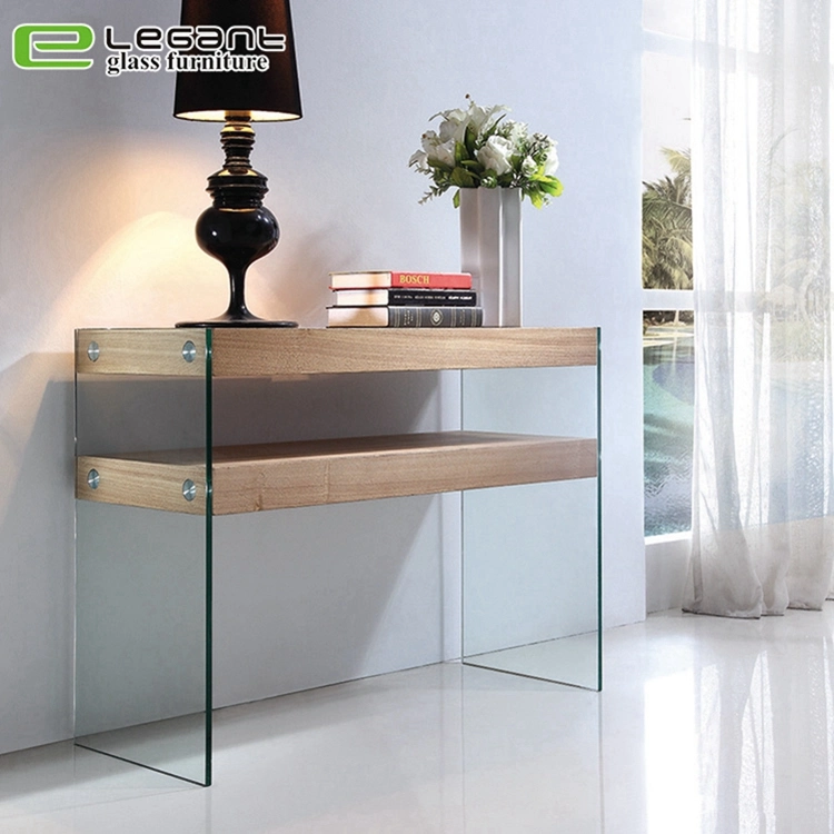 Clear Bent Glass Console Table with Tempered Glass Shelf