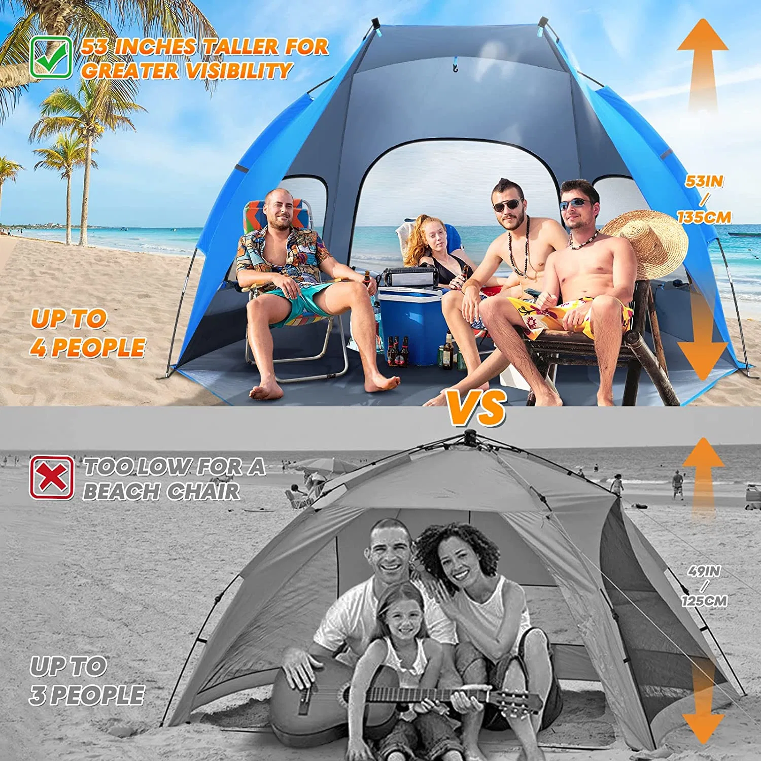 Tente de plage abri de soleil 3-4 personnes grande anti-UV coupe-vent Tente légère portable