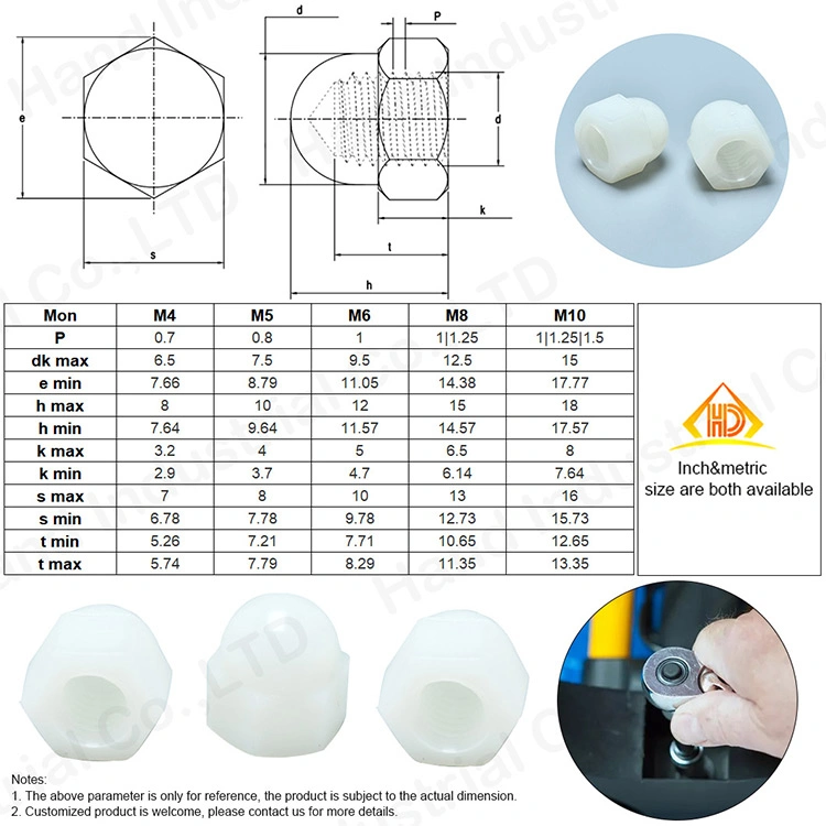 A alta precisão preta em nylon plástico branco do M6 M8 Porca Dome Hex Tampa decorativa Porcas