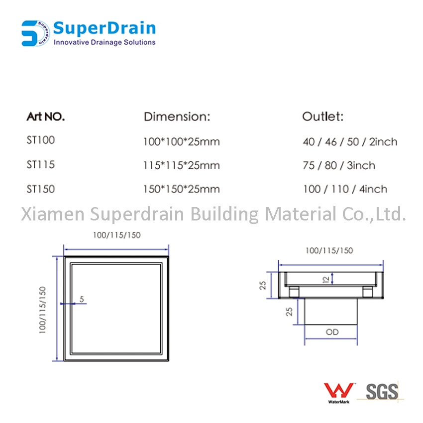 Sdrain Tile Insert Invisible Square Grate Stainless Steel Shower Drain