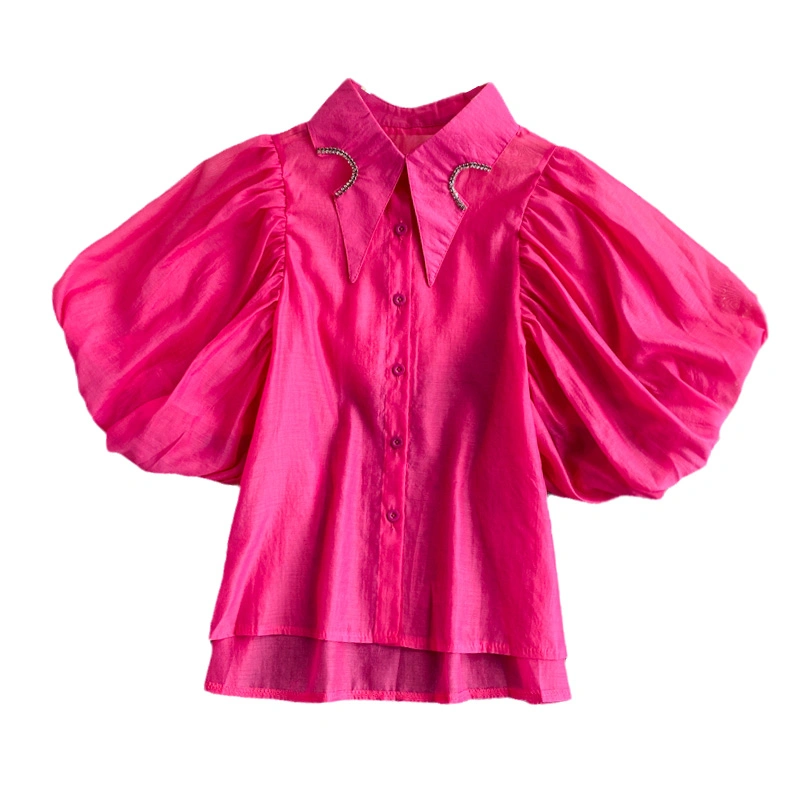 Wholesale 2023 Summer New Fashion Women's Retro Style Irregular Rhinestone Lapel Puff Sleeve Shirt Fashion Short Blouse