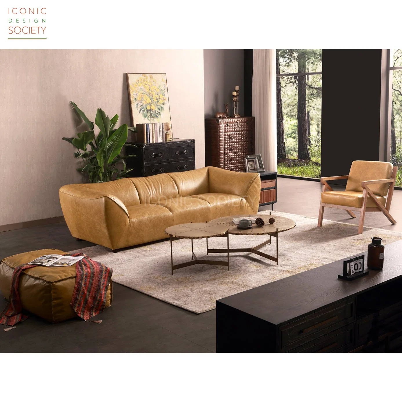 فيلا حديثة ديكور أثاث منزل فندق Office Leather Couch Living مجموعة أرائك جلدية أصلية من الخشب بالغرفة