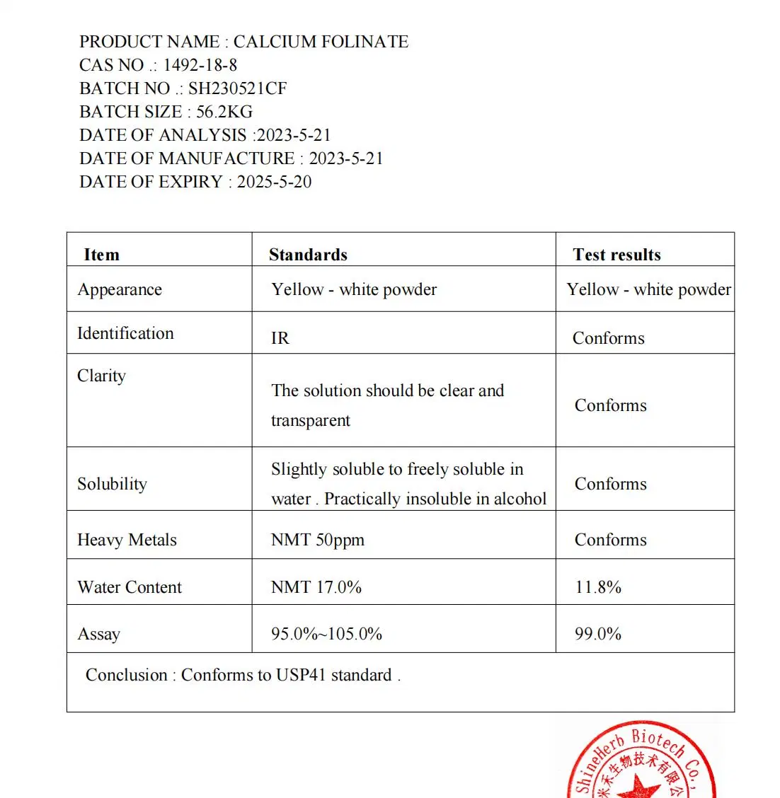 USP 41 CAS 1492-18-8 Calcium Leucovorin Calcium Calcium Folinate