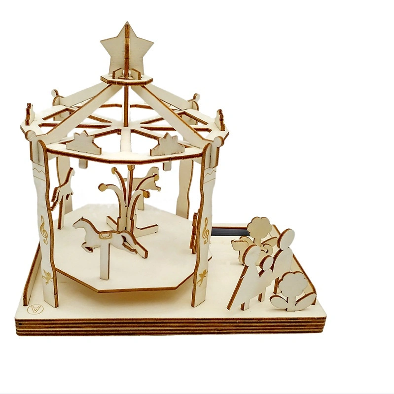 Holzbau Solar Powered Carousel 3D Puzzle Spielplatz Stamm Spielzeug