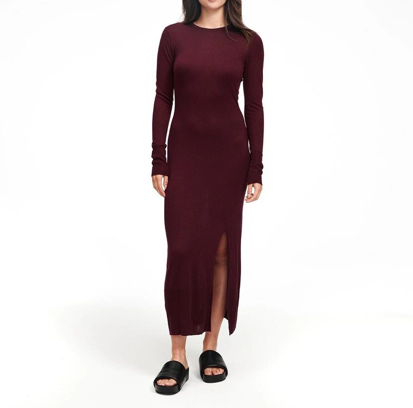 Women&prime; S Fashion Lightweight Long Sleeve Silk Cashmere Winter Dress with Slit