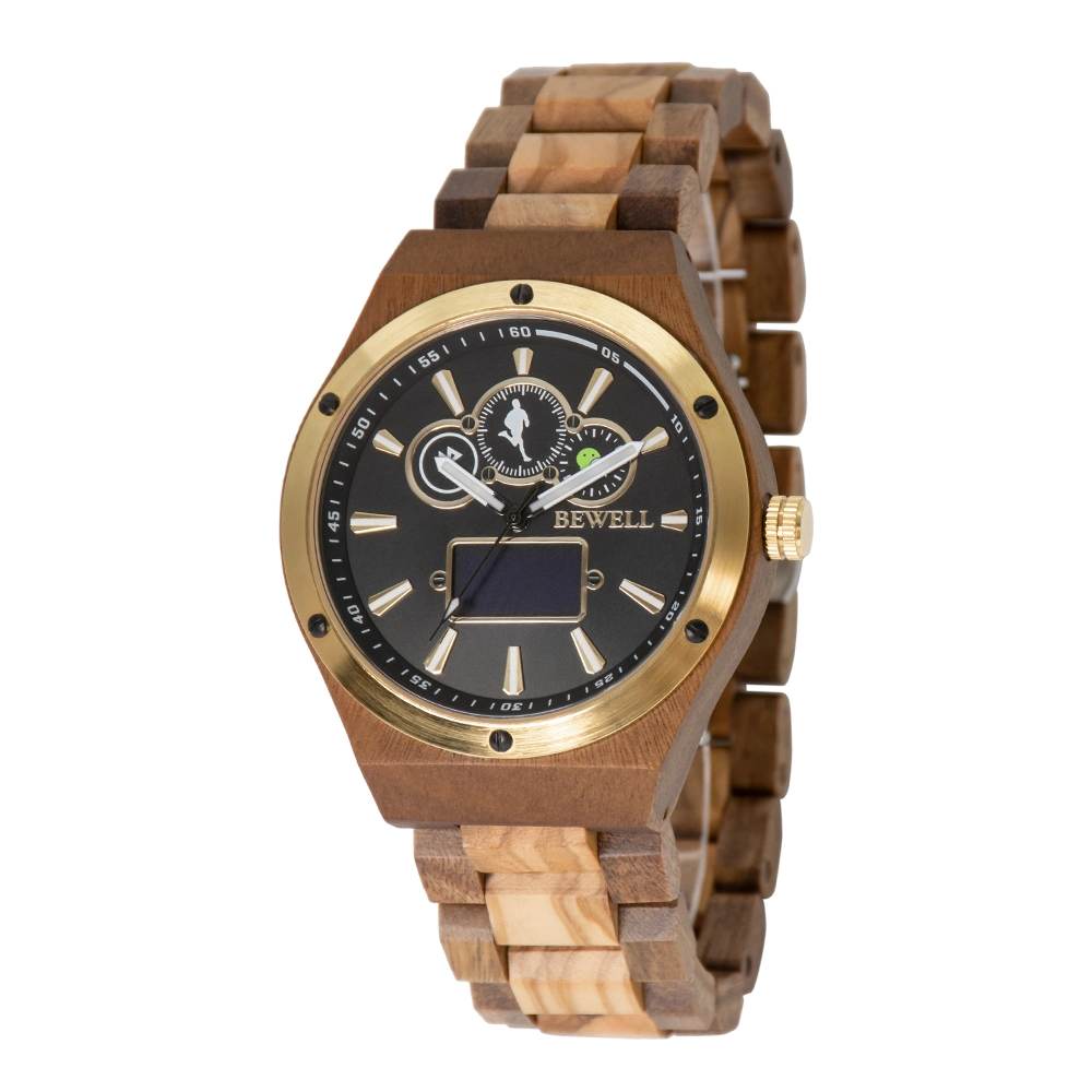 Bewell Handcrafted Wooden Smart Wrist Watch with Ss Bezel and Backcase for Mens 3ATM Waterproof