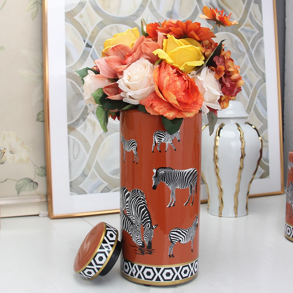 J021 Light Luxury Porcelain Crafts Vase Orange Zebra Pattern Storage Bottles Sets Ceramic Jar Container