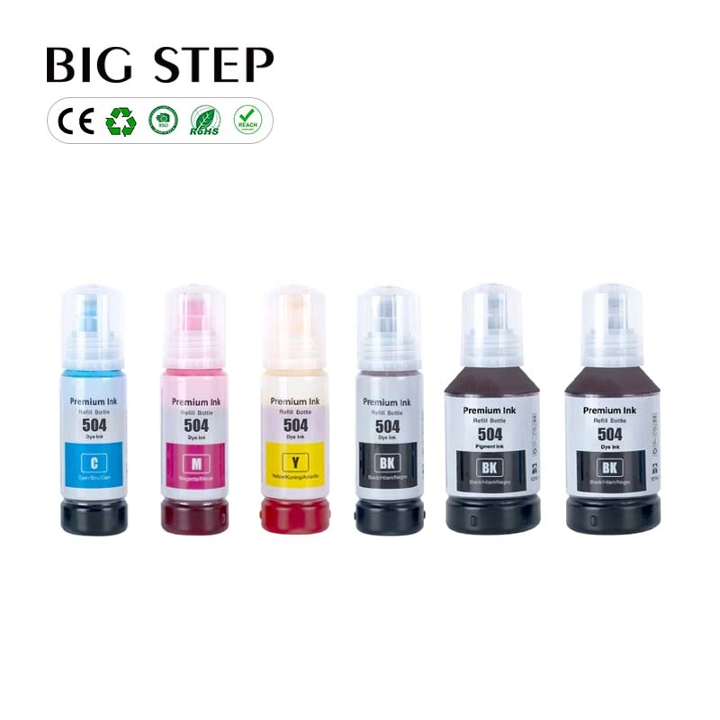 Recarga de frascos a granel compatíveis com Hotsale OEM Ink 504 com base em água Tinta de corante Ecotank para Epson Ecobank L4150/L4160/L4260/L6161/L6171/L6191/L6270/L14150