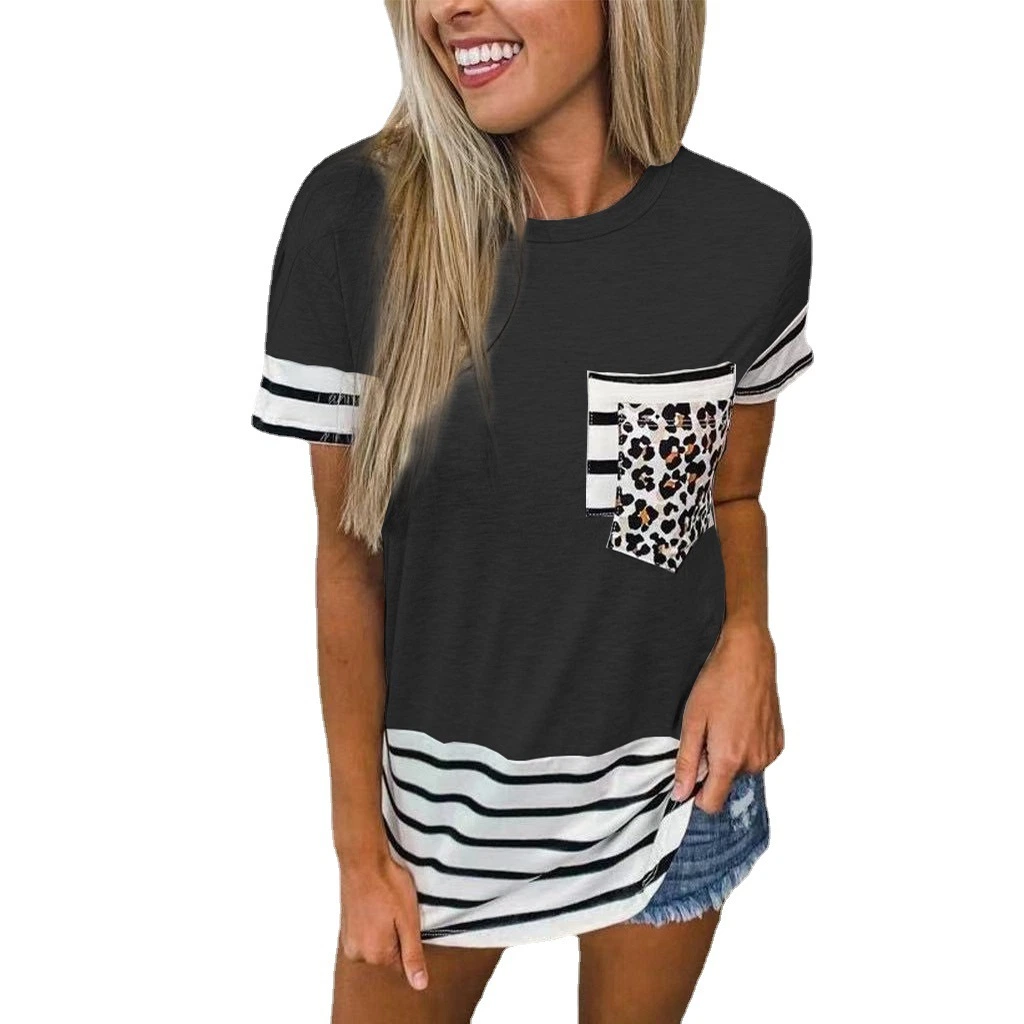 Europe and The United States 2023 Summer Women's Clothing Amazon Explosive Leopard Print Splicing Striped Pocket Round Neck Short Sleeve T-Shirt Top Female