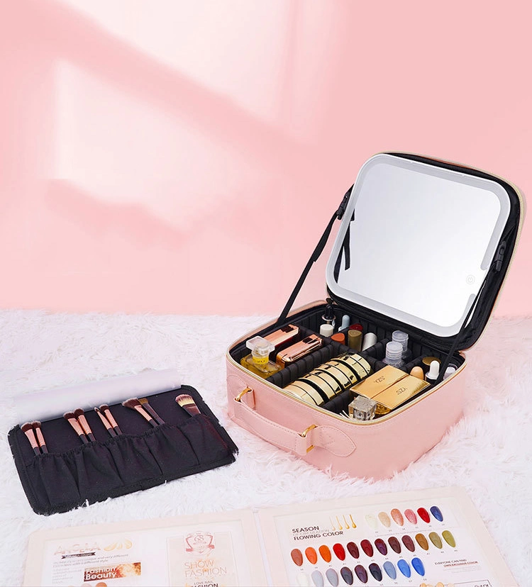 High Quality and Large Capacity Makeup Bag with LED Mirror Professional Portable Leather Makeup Bag Case