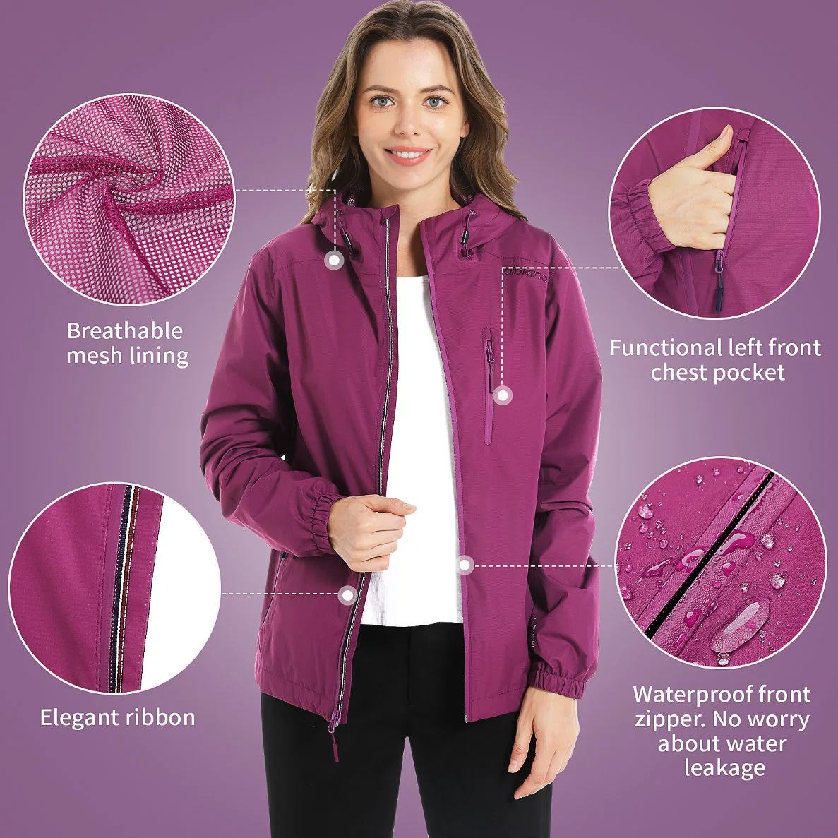 Women Windproof Breathable Claiming Outwear Waterproof Outdoor Sport Jacket with High quality/High cost performance  Fabric