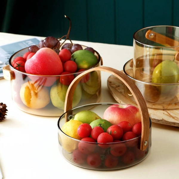 La fruta que sirve el tazón de vidrio con tapa de madera Cesta Contenedor de Almacenamiento de asa de cubo de hielo