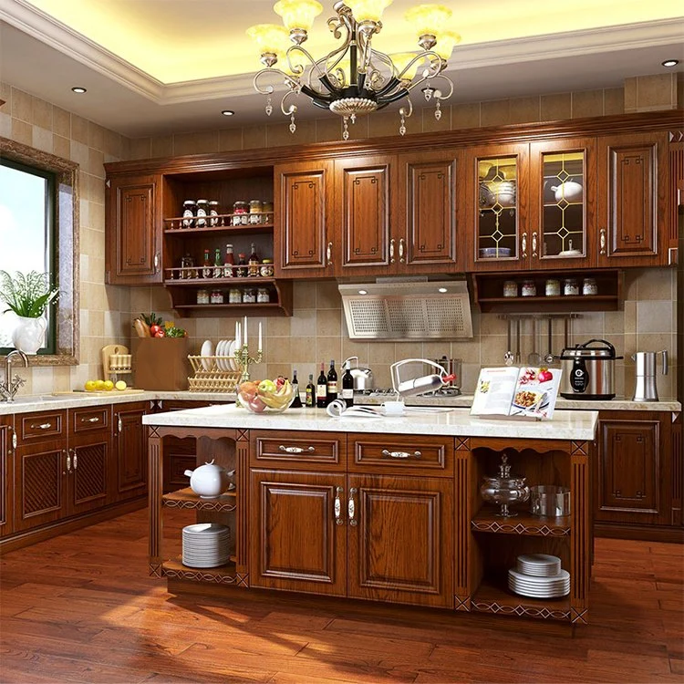 Custom European Style Red Cherry Solid Wood Cabinet Furniture Red Wood Kitchen Cabinets Set Designs with Island